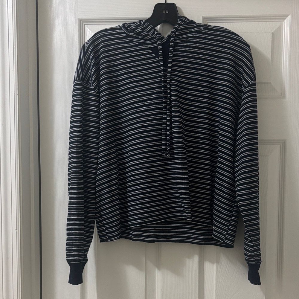 Hollister Navy and White Striped Women’s Hoodie Sweater
